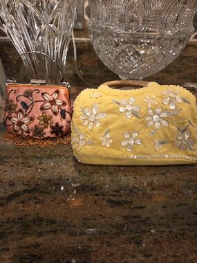 Embellished Yellow Silk And Coral Floral Bags